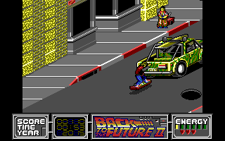 Back to the Future Part II (DOS) screenshot: Marty can cling to passing cars to gain speed, as seen in the movie.
