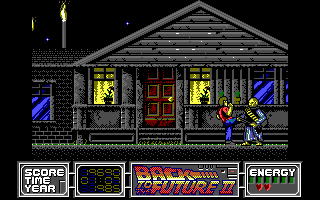 Back to the Future Part II (DOS) screenshot: Level 3: Side-scrolling beat-em-up sequence in a hostile 1985.