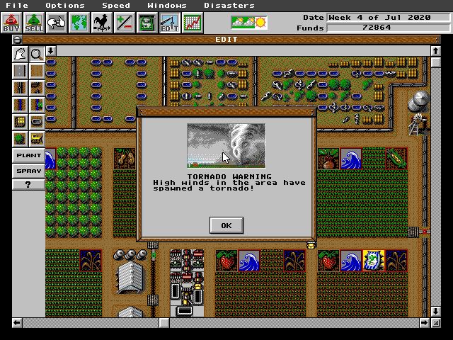 Sim Farm (DOS) screenshot: Danger ! Tornado Warning !