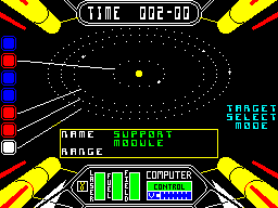 Starstrike II (ZX Spectrum) screenshot: A map of this system. I'm in the outer orbit with the support module. I must select a target planet...