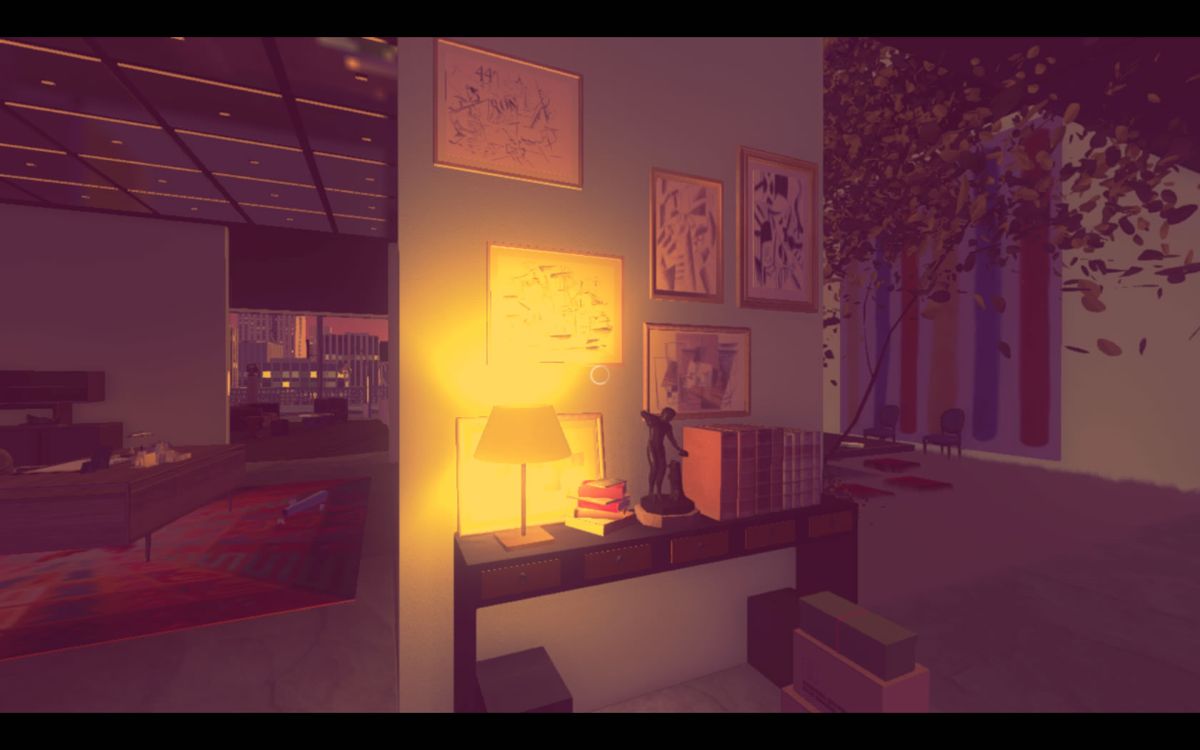 Sunset (Windows) screenshot: Turn on the lamp to get a better look at the art on the wall.