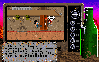 Bad Blood (DOS) screenshot: Jakka trying to buy ammo for her shotgun in a human city. Humans won't sell to mutants but she looks like a human. Must be a bug in the game