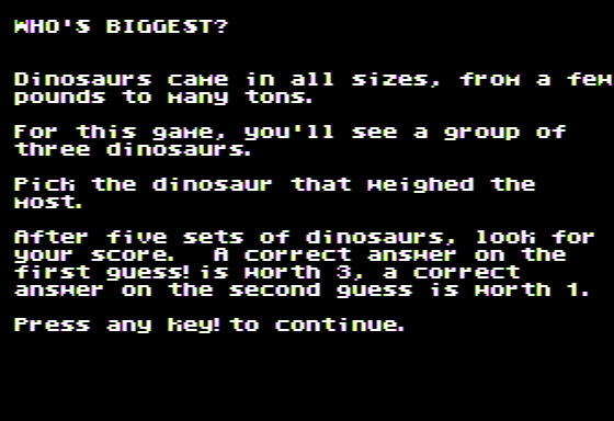 Dinosaur Dig (Apple II) screenshot: Who's Biggest? Instructions