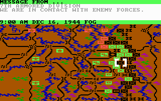 Crusade in Europe (PC Booter) screenshot: Beginning a scenario; we are in contact with the enemy! (EGA/Tandy)