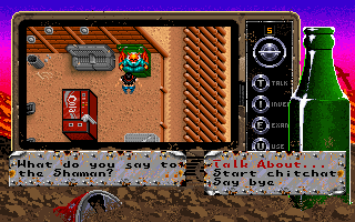 Bad Blood (DOS) screenshot: Talking to the shaman of a village. Select the topic of conversation from the menu with dialogue options
