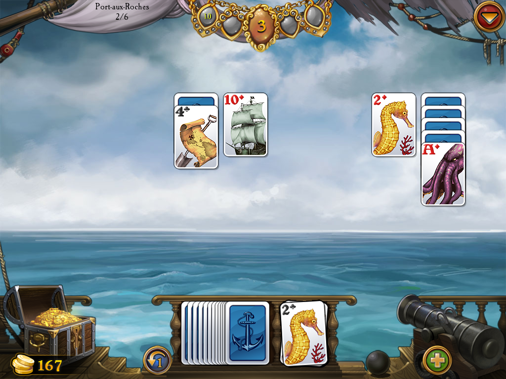 Seven Seas Solitaire (Windows) screenshot: I got my first cannonball (bottom right next to the cannon)