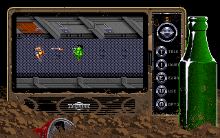 Bad Blood (DOS) screenshot: Firing a rocket at a human guard in an underground city