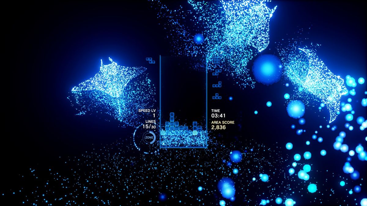 Tetris Effect (Windows) screenshot: If you clear lines, the visuals for the level react such as the rays shining brightly in this level