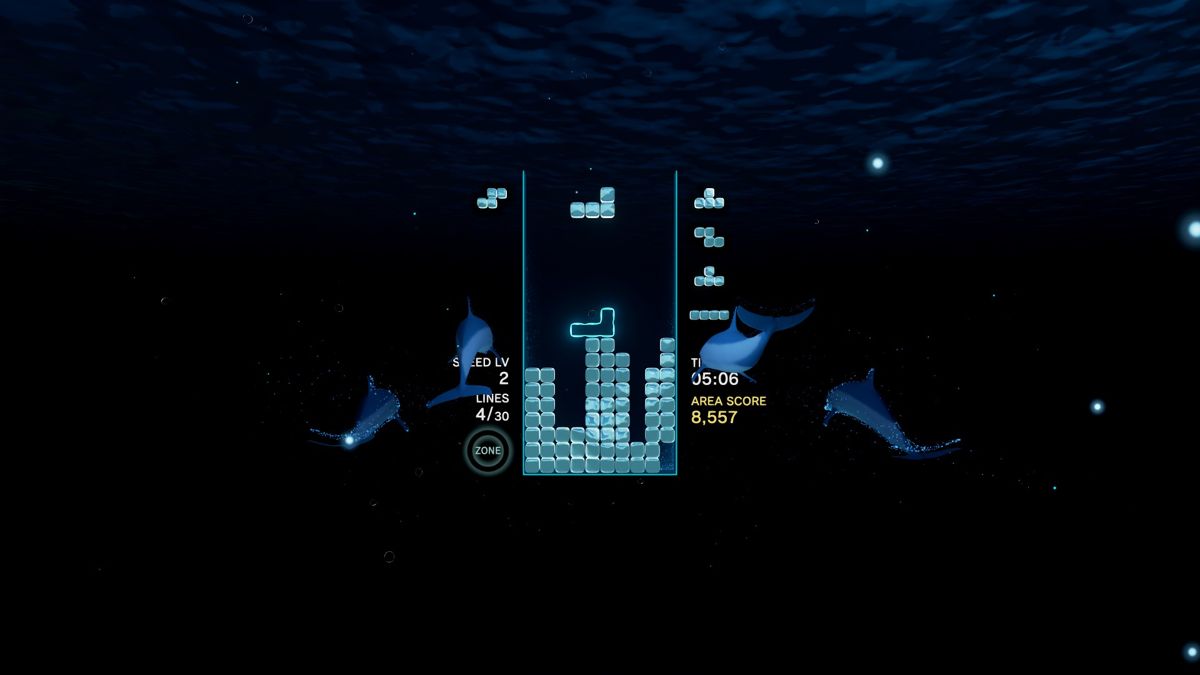 Tetris Effect (Windows) screenshot: This level features you following a pod of dolphins