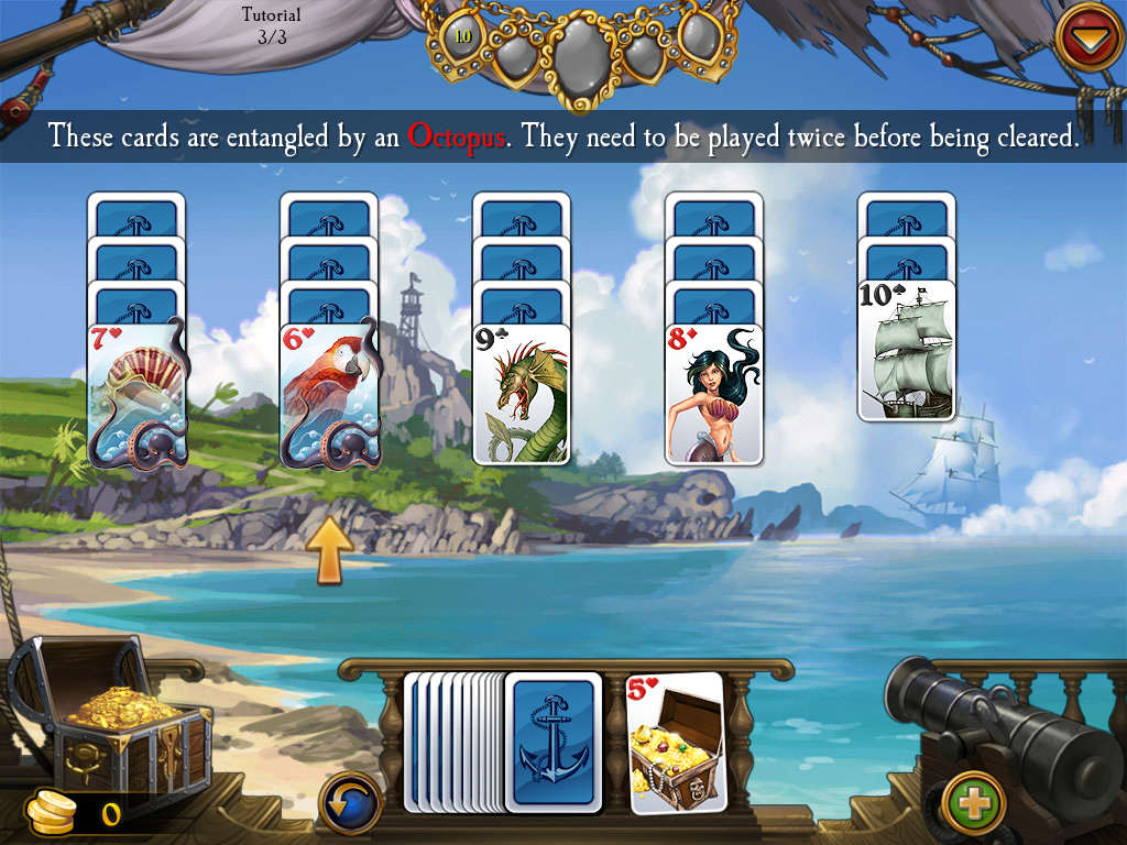 Seven Seas Solitaire (Windows) screenshot: Introducing octopus-entangled cards