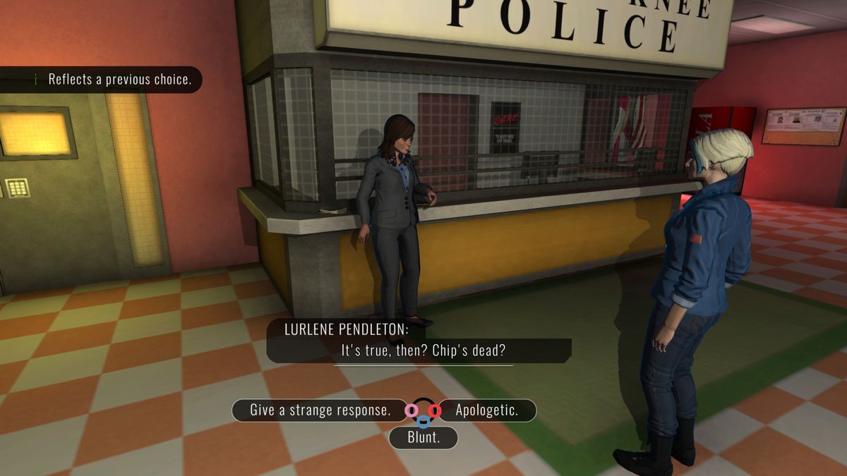 Knee Deep (PlayStation 4) screenshot: Romana arriving at the Cypress Knee police station