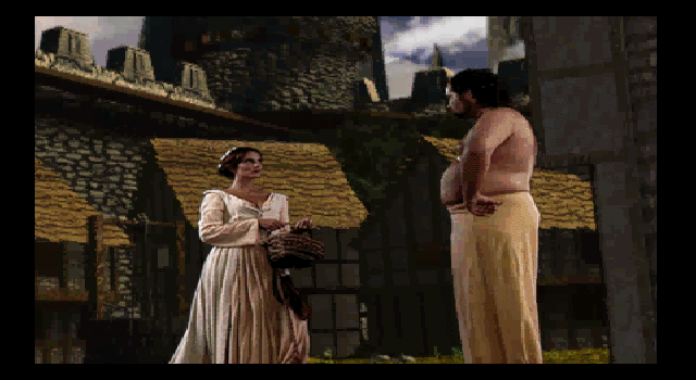 Stonekeep (DOS) screenshot: (intro) Merry bluescreen acting folk of Stonekeep