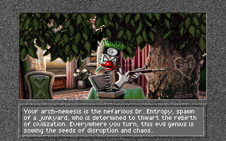 Superhero League of Hoboken (DOS) screenshot: Introducing Dr. Entropy