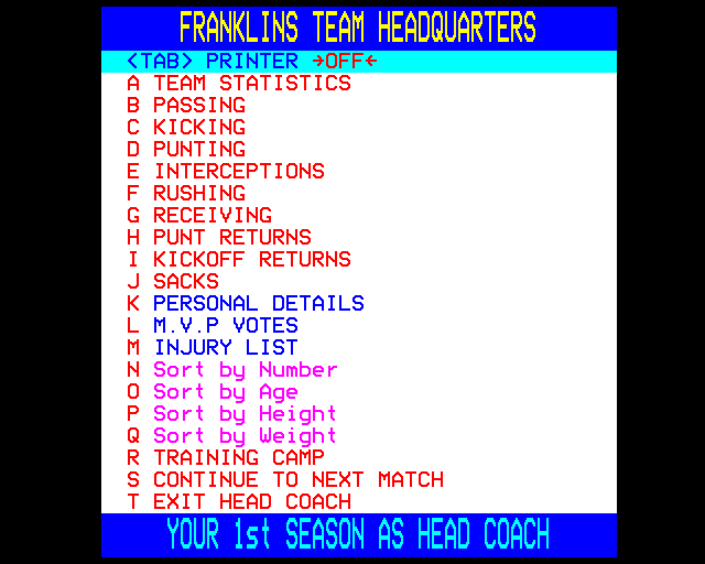 Head Coach v3 (BBC Micro) screenshot: Main Menu