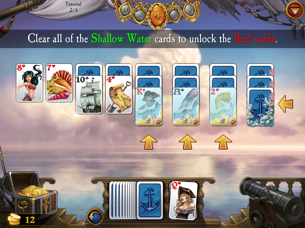 Seven Seas Solitaire (Windows) screenshot: Introducing shallow water and reef cards