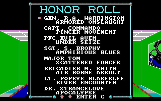 Rapid Response (DOS) screenshot: The high score table / honor roll. This comes pre-populated with a score for each campaign