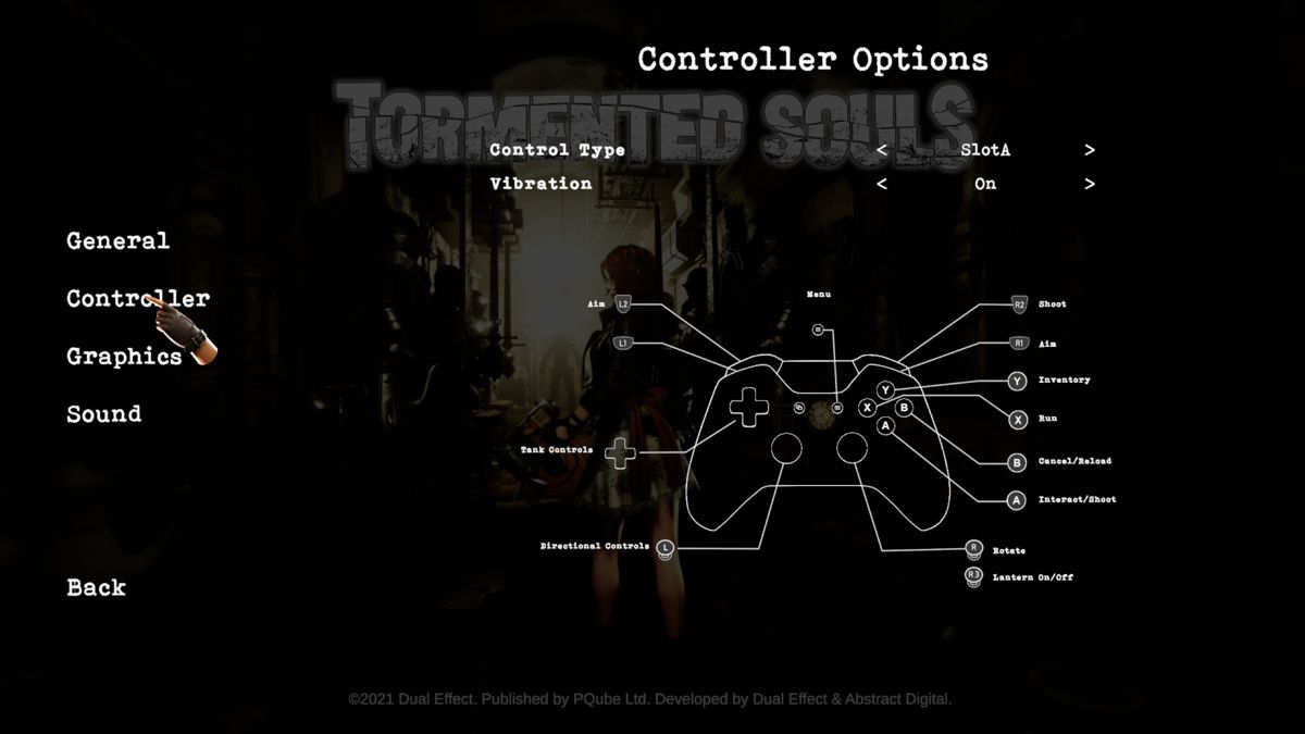 Tormented Souls (Windows) screenshot: Demo Game: One of the game's configuration screens, it shows that the game can be played with a controller. I played with a keyboard/mouse combination