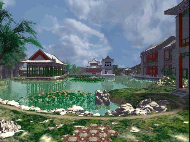 The Legend of Lotus Spring (Windows) screenshot: The buildings are arranged around beautiful gardens and ponds