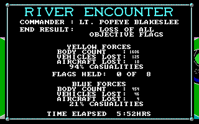 Rapid Response (DOS) screenshot: The high score table/roll of honor. This is one of the pre-populated entries, it has the longest playing time