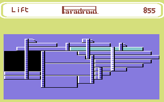 Paradroid (Commodore 64) screenshot: Using the elevator to go between levels (Heavy Metal Edition)