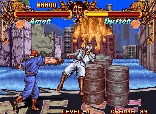Double Dragon (Neo Geo) screenshot: Amon is about to get hit by those exploding barrels.