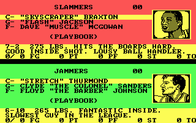 Fast Break (DOS) screenshot: Setting up the teams (CGA)