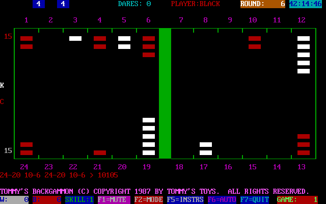 Tommy's Backgammon (DOS) screenshot: This is a game in progress. It's the computer's turn and the game shows the planned moves in red in the lower left. Players moves are shown there but in white