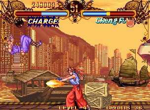 Double Dragon (Neo Geo) screenshot: Rebecca about to launch a fireball.