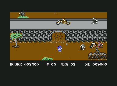 Commando (Commodore 64) screenshot: More actionin the first area
