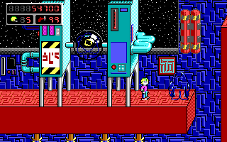 Commander Keen 5: The Armageddon Machine (DOS) screenshot: Keen with master Shikidi and Quantim Explosion Dynamo (EGA)