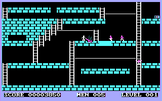 Lode Runner (PC Booter) screenshot: Burn away the ground for the enemies to fall in
