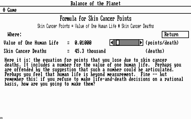 Balance of the Planet (DOS) screenshot: Most equations in the game are customizable. What's the value of one human life?