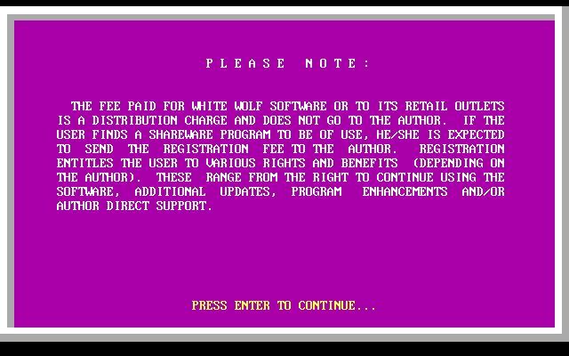 White Wolf Software: Series XVI (DOS) screenshot: This is the Important Information screen. It is accessed from the main menu and basically says 'Remember to register and pay for the software'