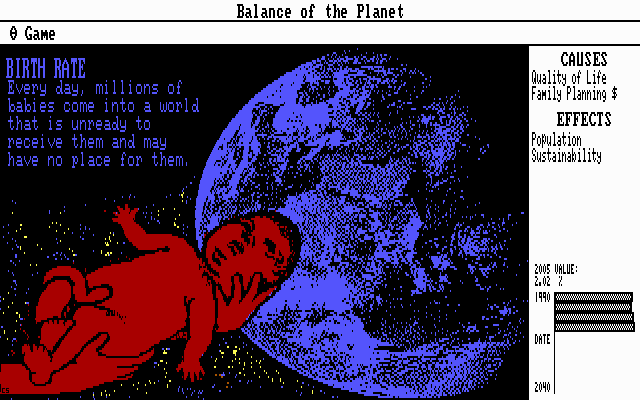 Balance of the Planet (DOS) screenshot: ...effects the birth rate,...