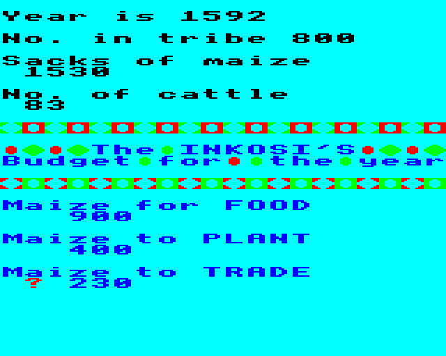 Inkosi (BBC Micro) screenshot: Planting and Trading