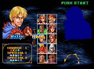 Double Dragon (Neo Geo CD) screenshot: When you select your character, you can see his or her face, however, your opponent is shrouded in mystery...