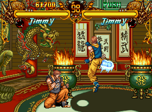 Double Dragon (Neo Geo CD) screenshot: Jimmy VS. Jimmy. Do you notice the glowing foot? A nice touch of detail...