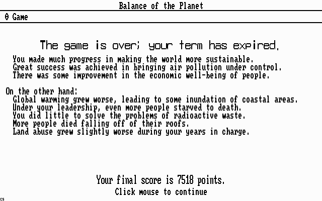 Balance of the Planet (DOS) screenshot: After the 9th and final turn, your successes and failures are summarised.