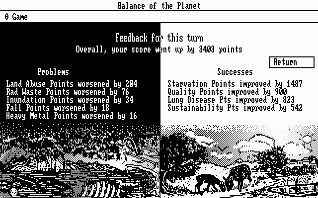 Balance of the Planet (DOS) screenshot: A report sheet shows your progress after each turn.