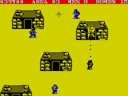Commando (ZX Spectrum) screenshot: Infantry is hidden inside those bungalows