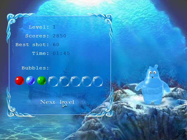 Aqua Pearls (Windows) screenshot: Puzzle mode, end of level summary