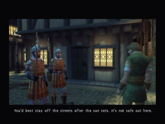 Baldur's Gate: Dark Alliance (PlayStation 2) screenshot: Thanks for the tip. After your introductory mugging, the town guards give you a warning. You don't have to really worry as time doesn't pass in Dark Alliance.