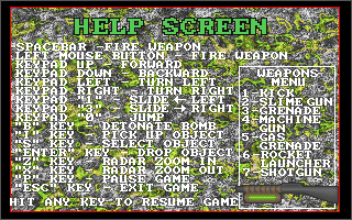 Chemical Warfare (DOS) screenshot: In-game help screen.