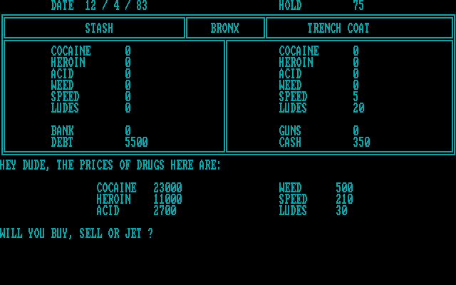 Drug Wars: A Game Based on the New York Drug Market (DOS) screenshot: Buying and selling drugs...