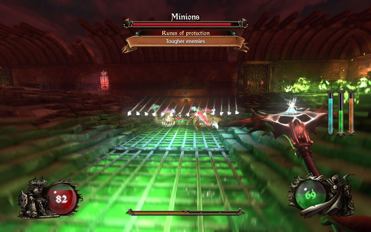 Ziggurat (Windows) screenshot: Attacking some creatures with a staff that uses some of the limited, green mana.