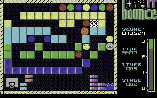 Bounce It (Commodore 64) screenshot: Colecct balls for extra points