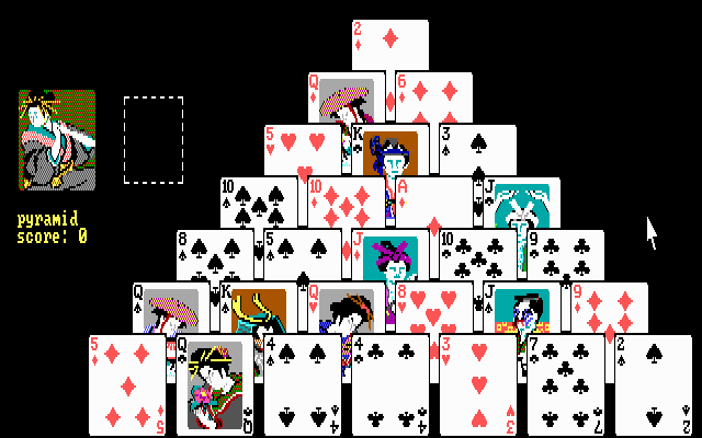 Solitaire Royale (DOS) screenshot: Starting a game of Pyramid (EGA)