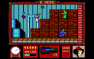 The Untouchables (DOS) screenshot: Shoot the green guy to get pages for the Ledger
