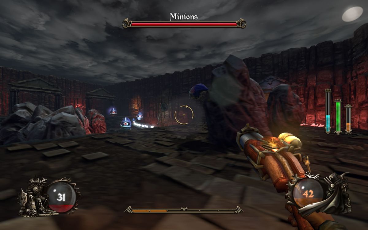 Ziggurat (Windows) screenshot: Targeting floating and armored eyeballs with a plasma cannon.