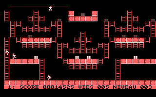 Lode Runner (Amstrad CPC) screenshot: Climbing along a rope at the top of the screen